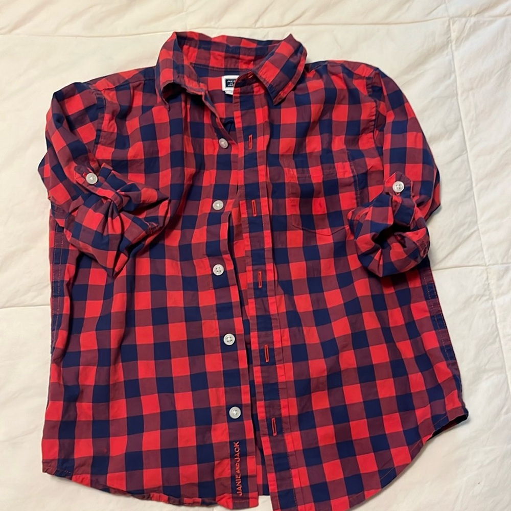 Boys, red and navy plaid, long sleeve 100% cotton button-down shirt